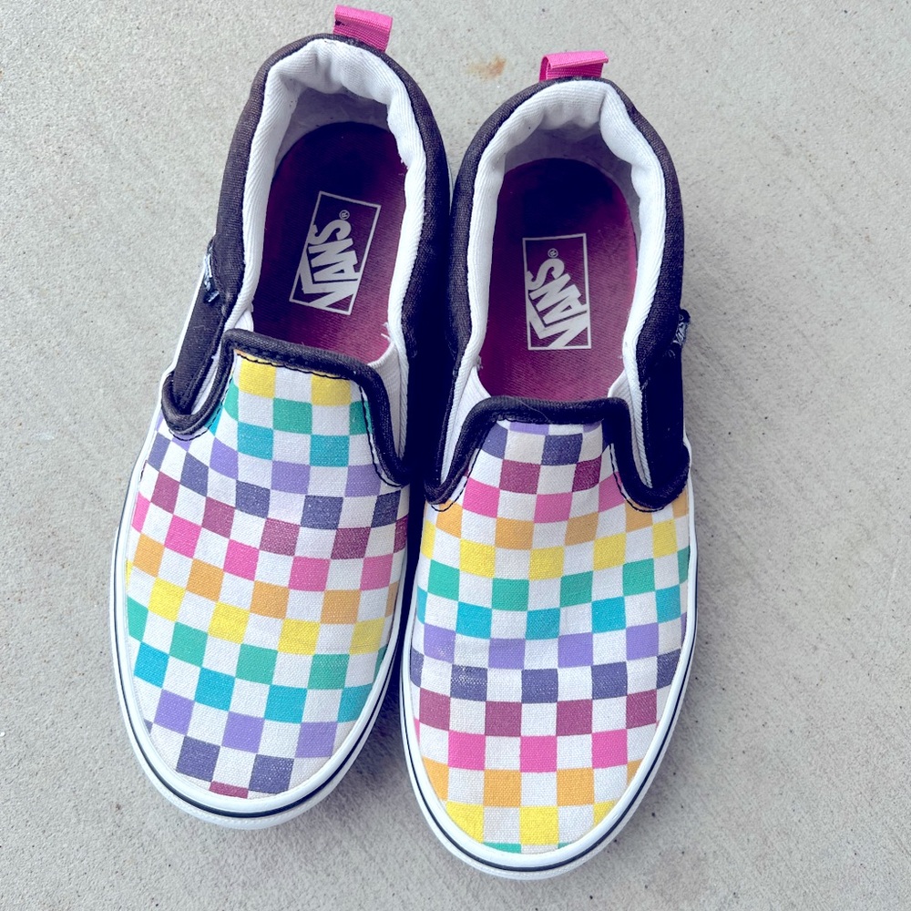 Girls size 3 checkered multi color Vans slip on